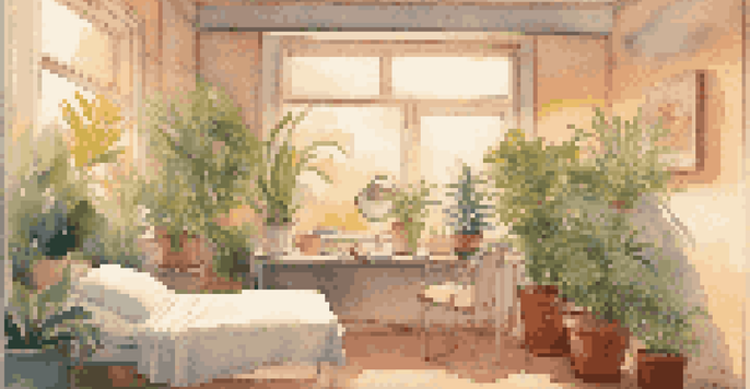 A peaceful hospital room with a patient in bed wearing headphones, enjoying calming music, surrounded by plants and soothing artwork.
