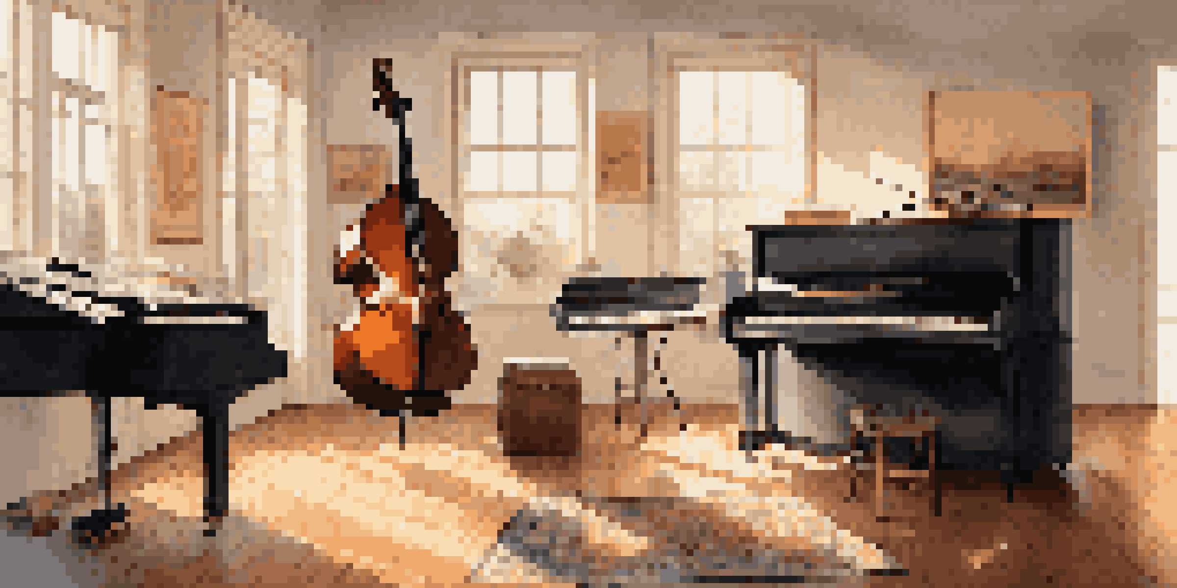 A music studio featuring a grand piano, double bass, electric guitar, and drum set, with soft daylight illuminating the room.