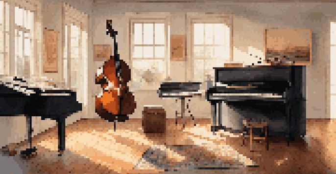A music studio featuring a grand piano, double bass, electric guitar, and drum set, with soft daylight illuminating the room.