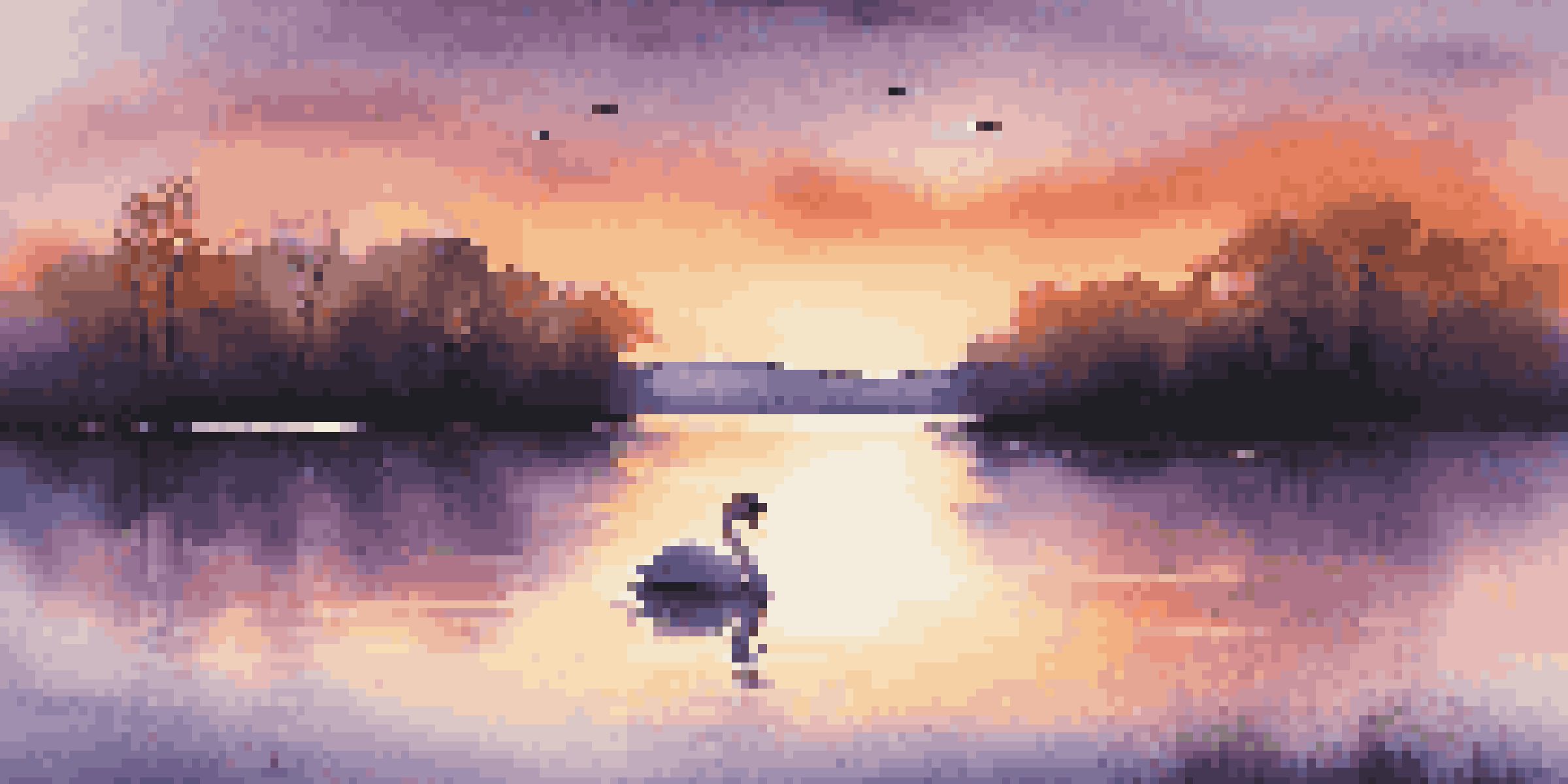 A picturesque sunset over a calm lake with silhouetted trees and a swan gliding on the water.