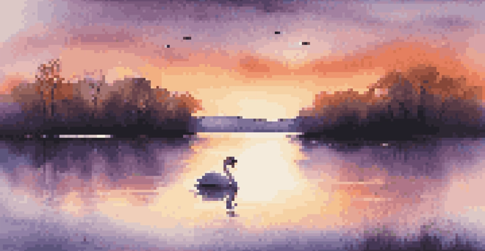 A picturesque sunset over a calm lake with silhouetted trees and a swan gliding on the water.