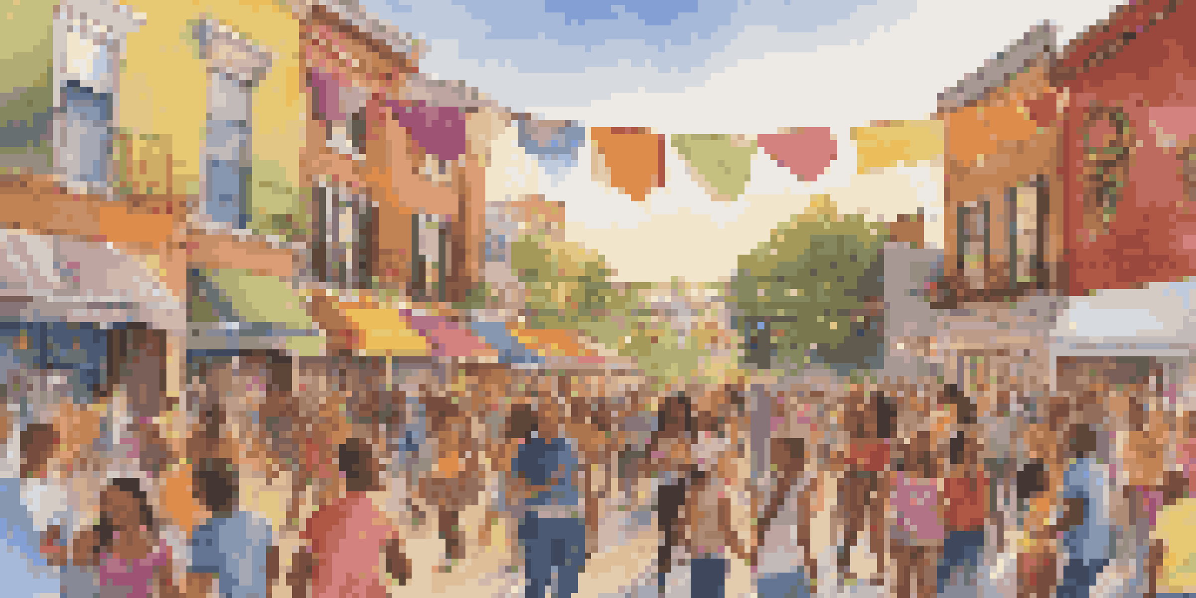 A lively neighborhood block party with diverse individuals dancing, enjoying music, and socializing under colorful decorations during sunset.