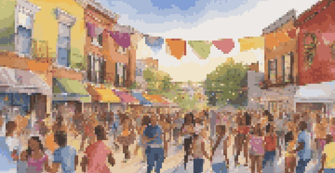 A lively neighborhood block party with diverse individuals dancing, enjoying music, and socializing under colorful decorations during sunset.