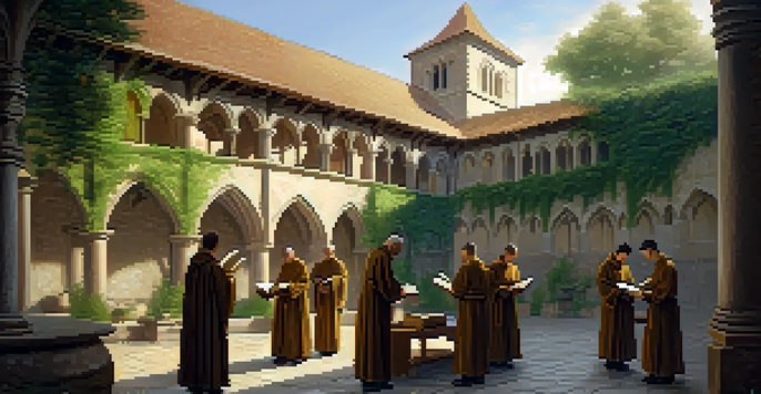 A peaceful monastery courtyard with monks chanting at dawn, surrounded by greenery and ancient stone buildings.