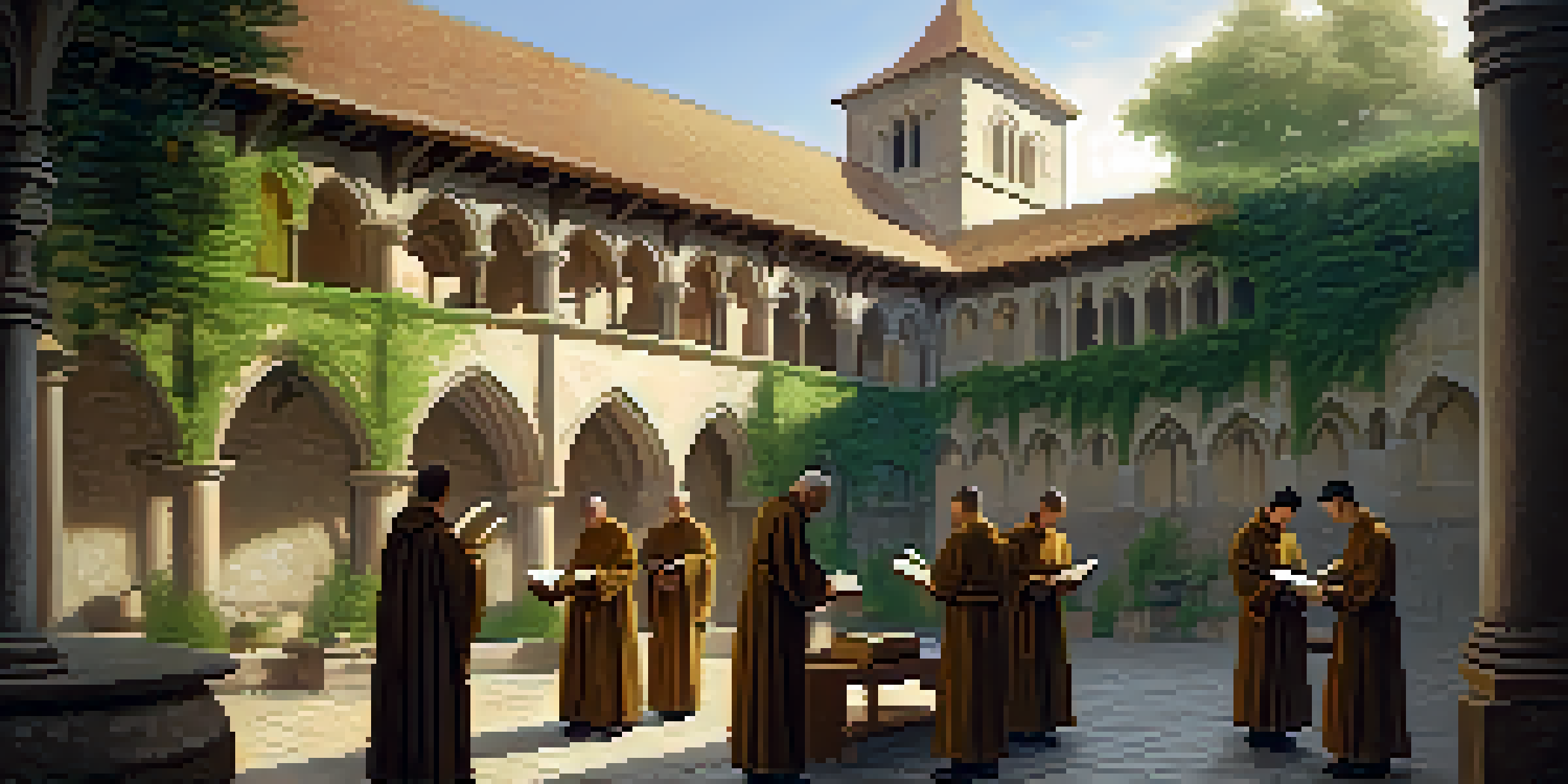A peaceful monastery courtyard with monks chanting at dawn, surrounded by greenery and ancient stone buildings.