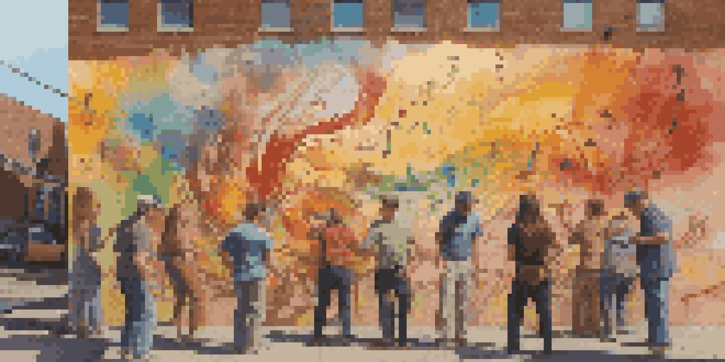 A colorful mural illustrating the collaboration of a painter and a musician, with artists discussing their work in front of it.