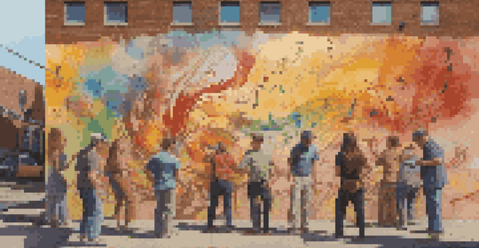 A colorful mural illustrating the collaboration of a painter and a musician, with artists discussing their work in front of it.