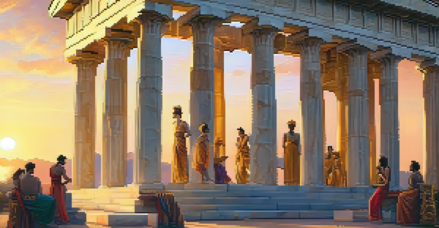 Musicians performing at an ancient Greek temple during sunset, with a warm golden light illuminating the scene.