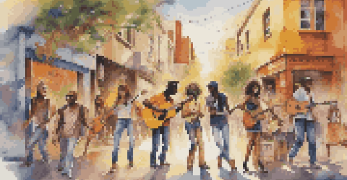 A lively street scene with a group of young people celebrating music culture, colorful graffiti art, and a street musician playing guitar under sunlight.