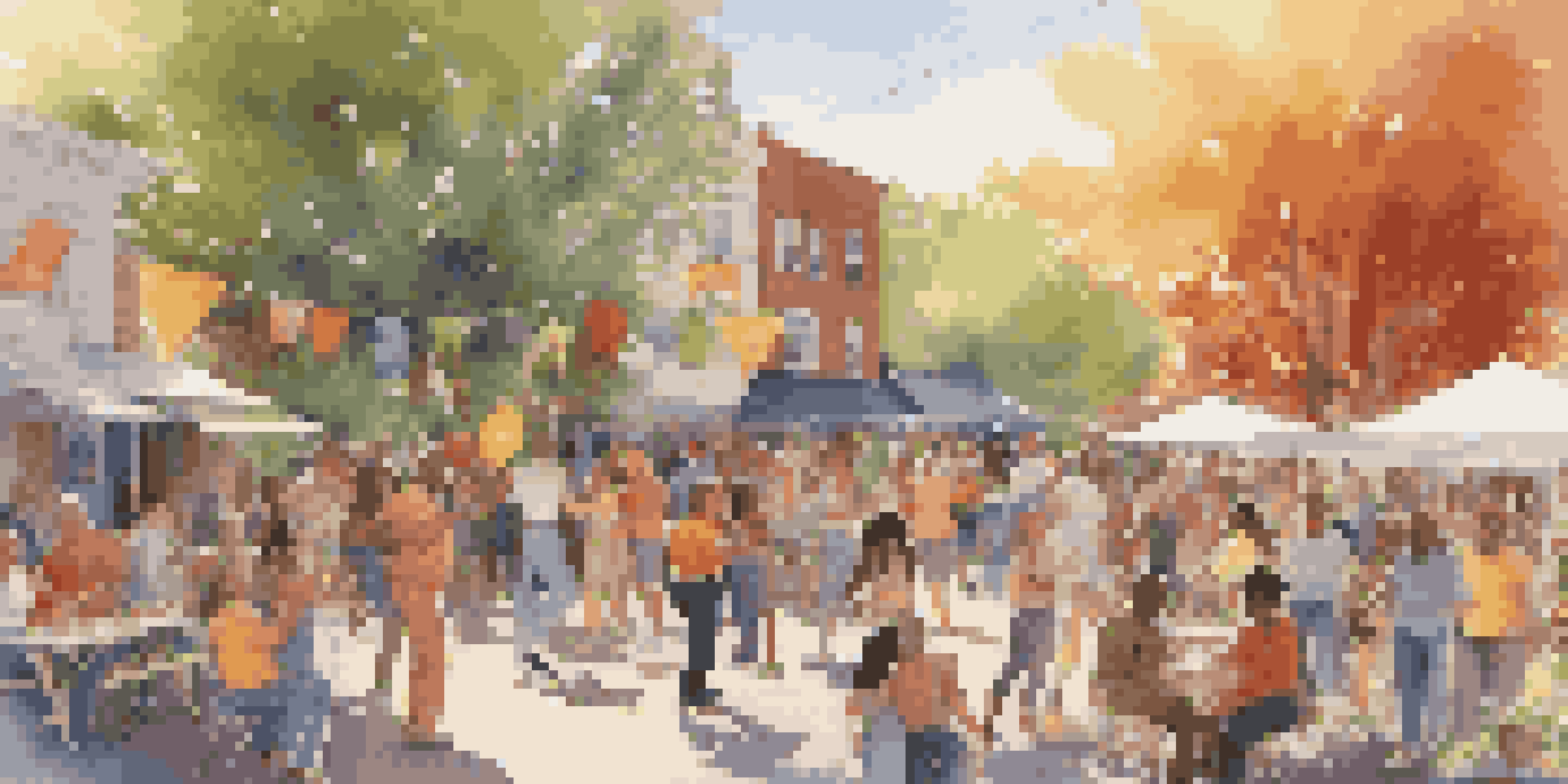 A lively block party with people of different backgrounds enjoying music, food, and dancing under colorful decorations.