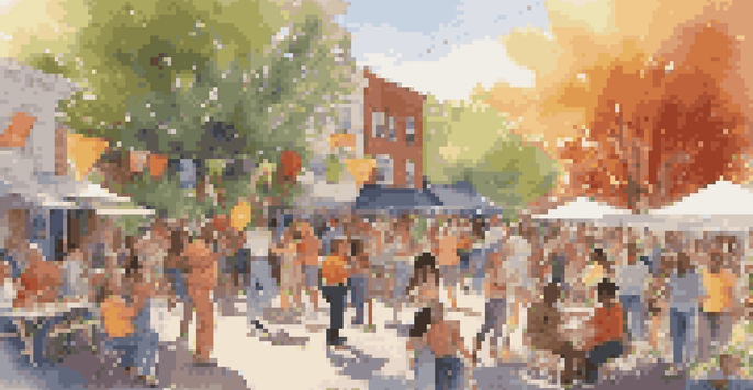 A lively block party with people of different backgrounds enjoying music, food, and dancing under colorful decorations.