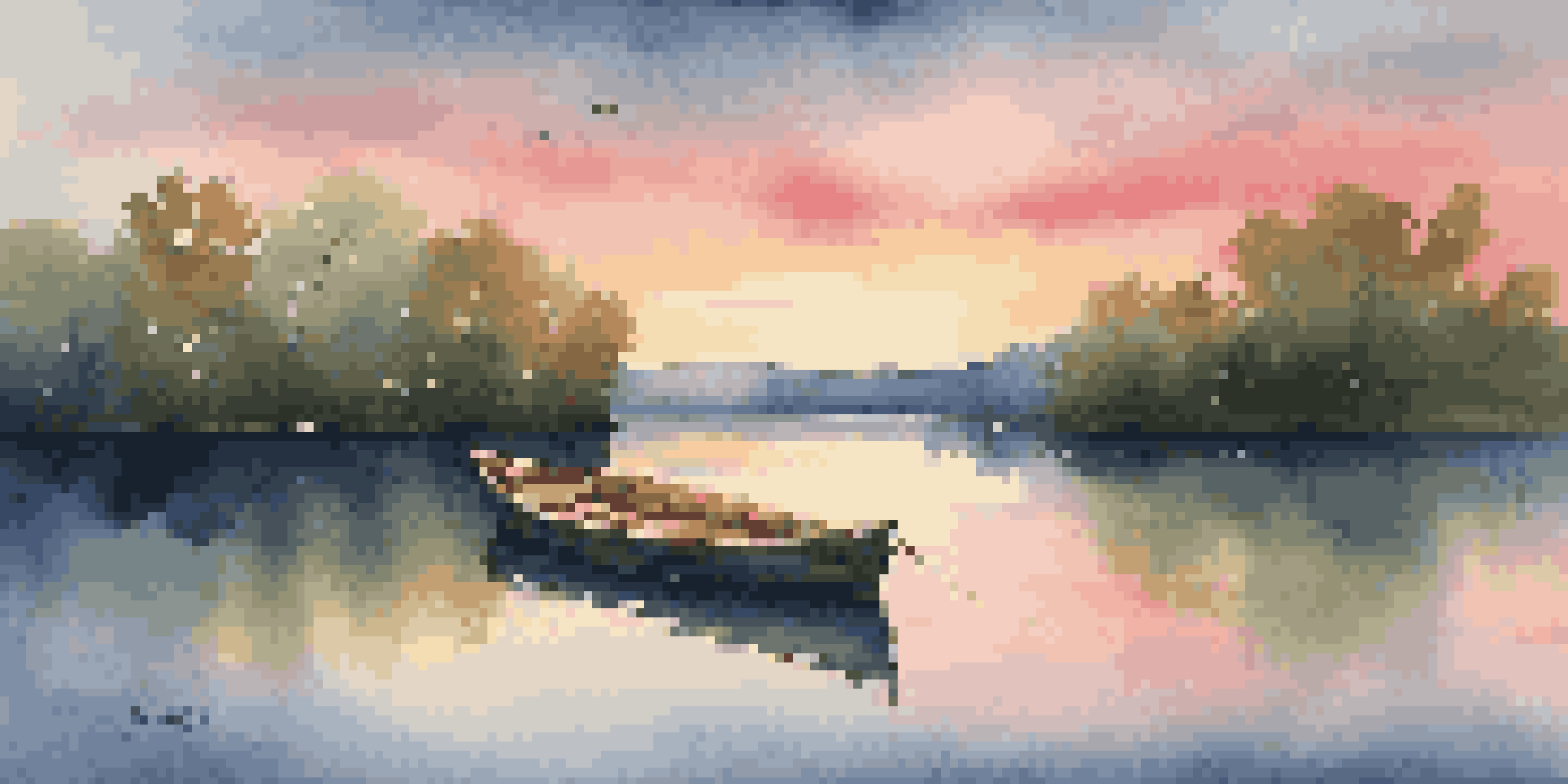 A peaceful lake at sunset, surrounded by green trees and a wooden boat on the water.