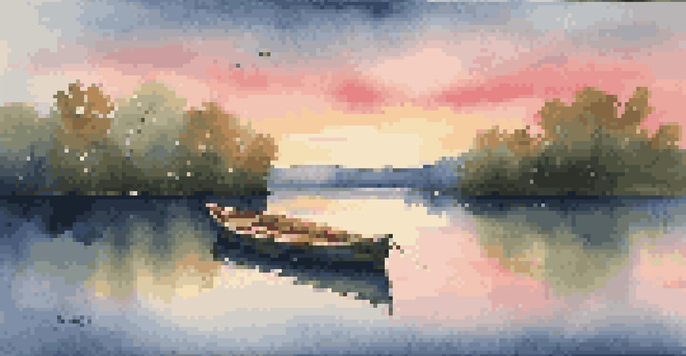 A peaceful lake at sunset, surrounded by green trees and a wooden boat on the water.