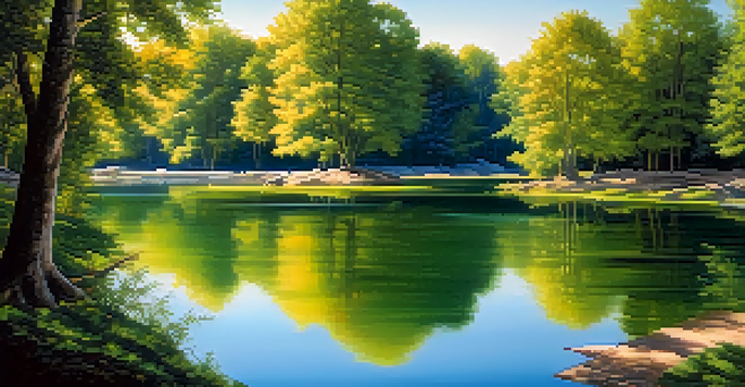 A peaceful lake bordered by vibrant green trees under a clear blue sky, with sunlight filtering through the leaves and reflecting on the water.