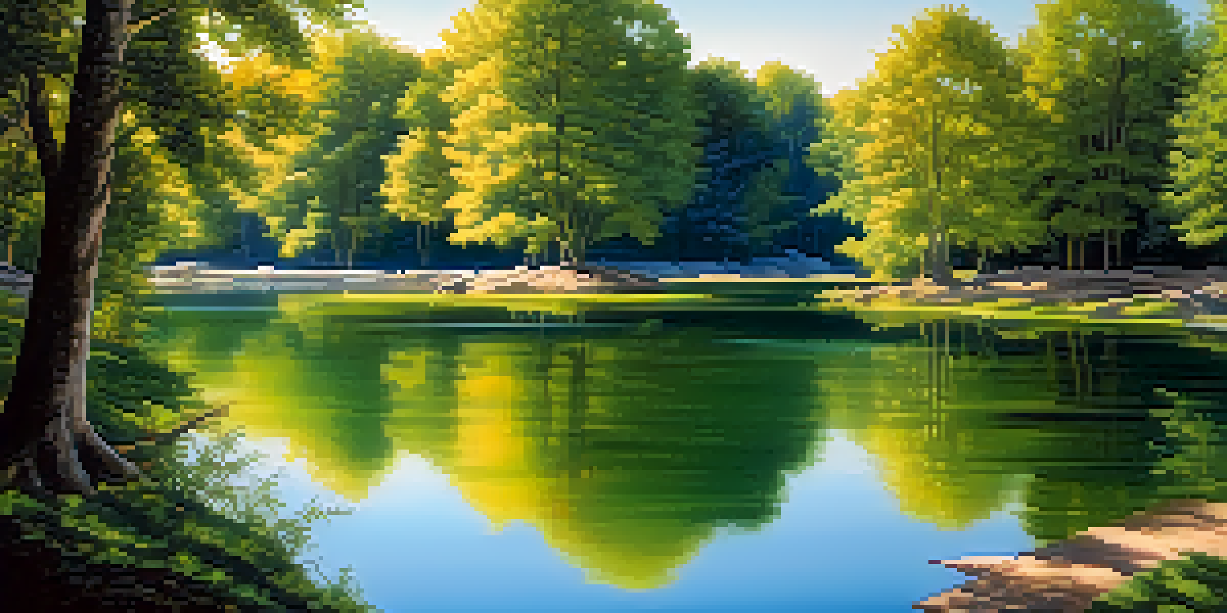 A peaceful lake bordered by vibrant green trees under a clear blue sky, with sunlight filtering through the leaves and reflecting on the water.