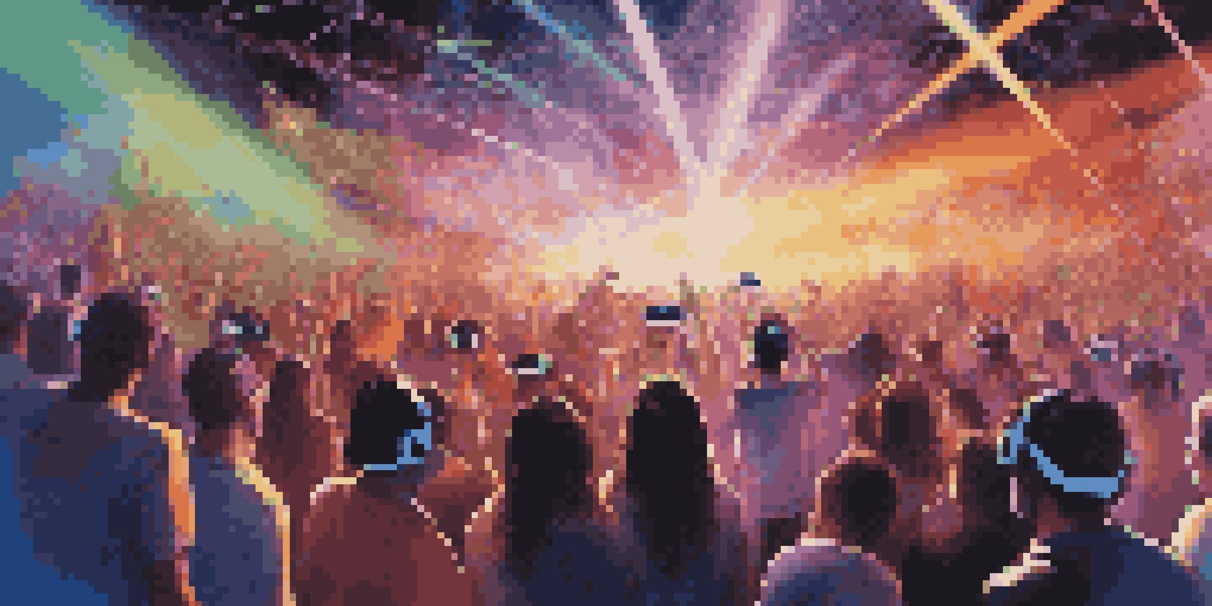 A lively virtual reality concert with fans wearing VR headsets, colorful lights, and a holographic artist on stage.