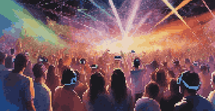 A lively virtual reality concert with fans wearing VR headsets, colorful lights, and a holographic artist on stage.