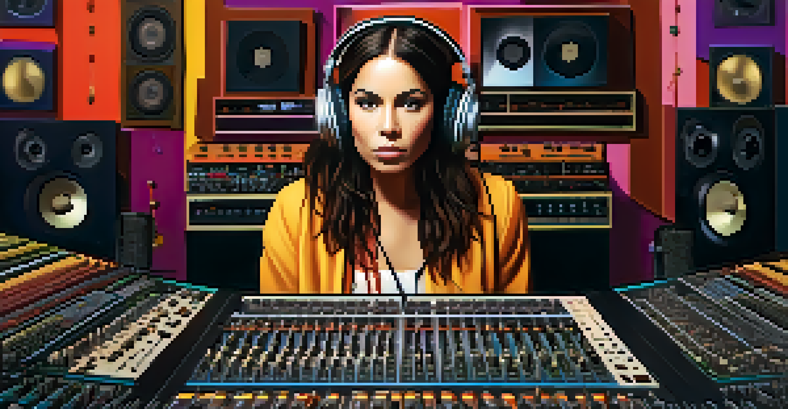 A close-up of a female rock artist in a recording studio, focused on her music with a microphone and headphones.
