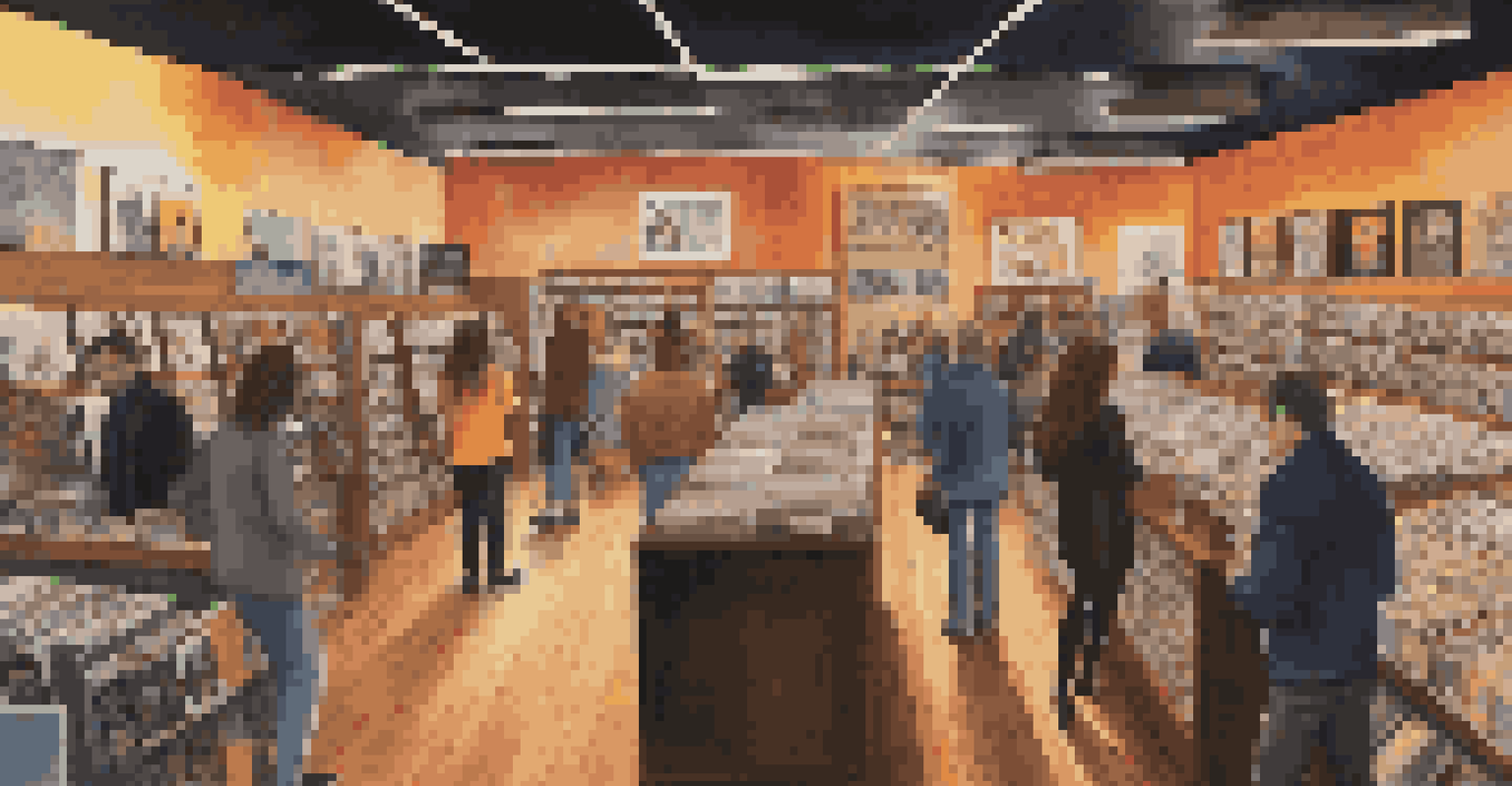 A lively record store with shelves of vinyl records and customers browsing, illuminated by warm store lights.