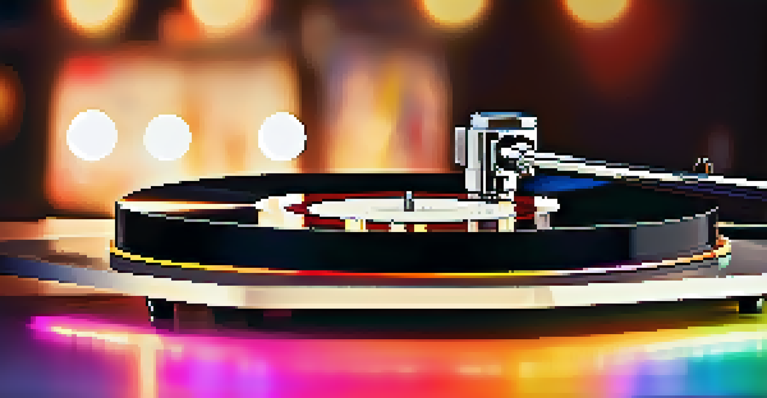 A close-up of a spinning vinyl record on a turntable with colorful light reflections and blurred music notes in the background.