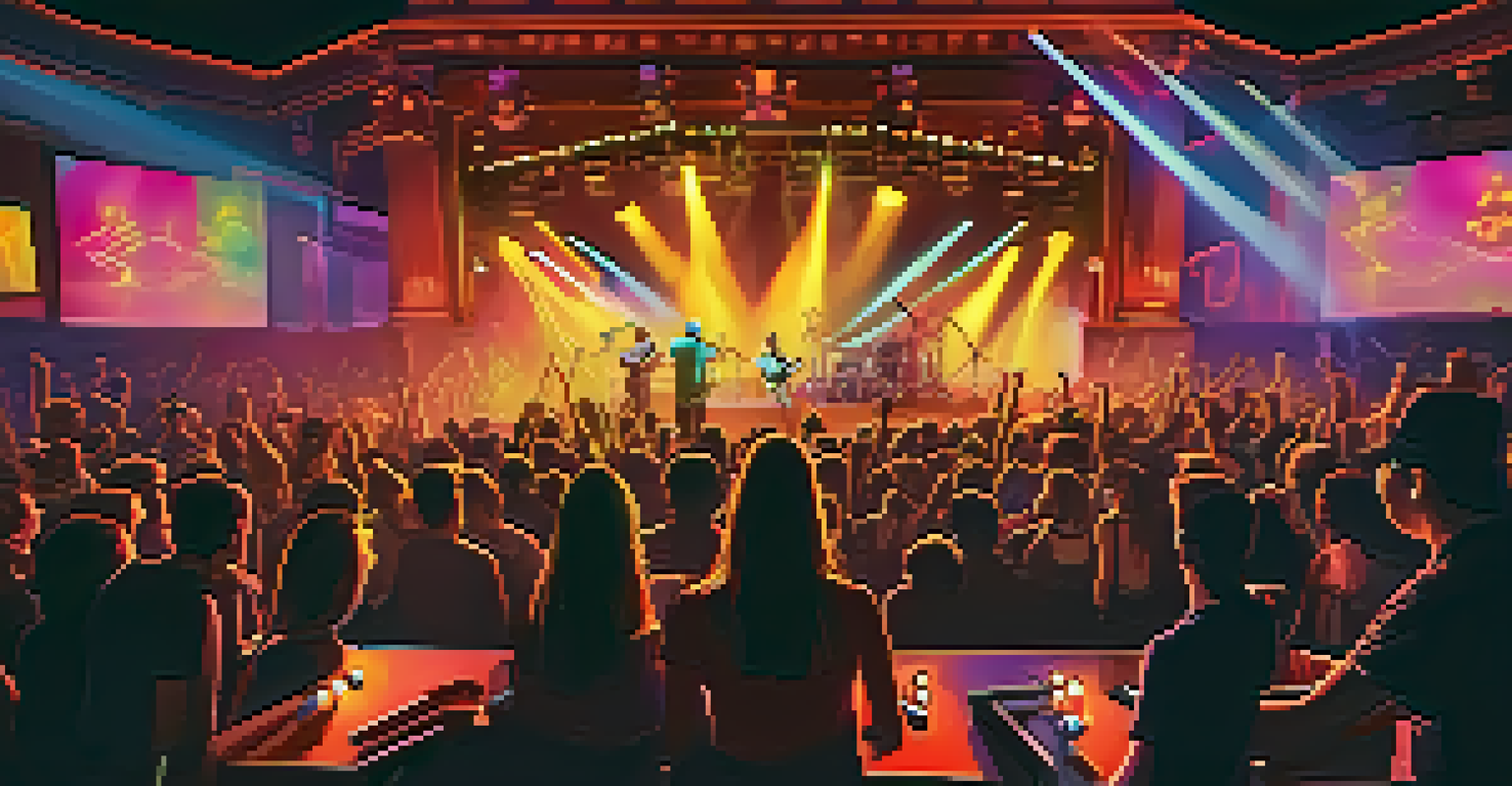 A band performing live on stage with an audience wearing augmented reality glasses, immersed in colorful lights and interactive visual effects.