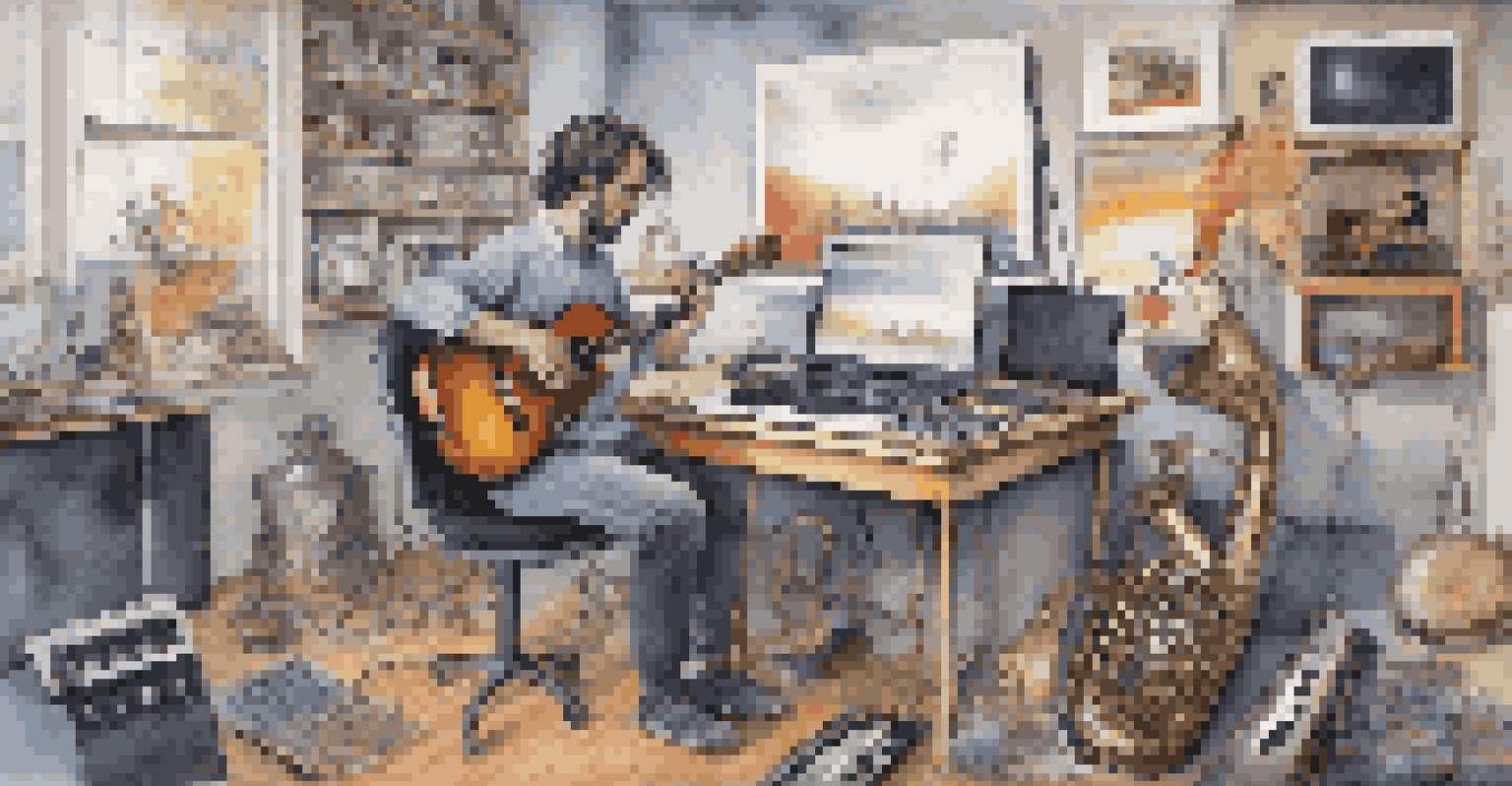 A musician in a modern studio composing music on a laptop, surrounded by various instruments, with colorful soundwaves displayed on the screen.