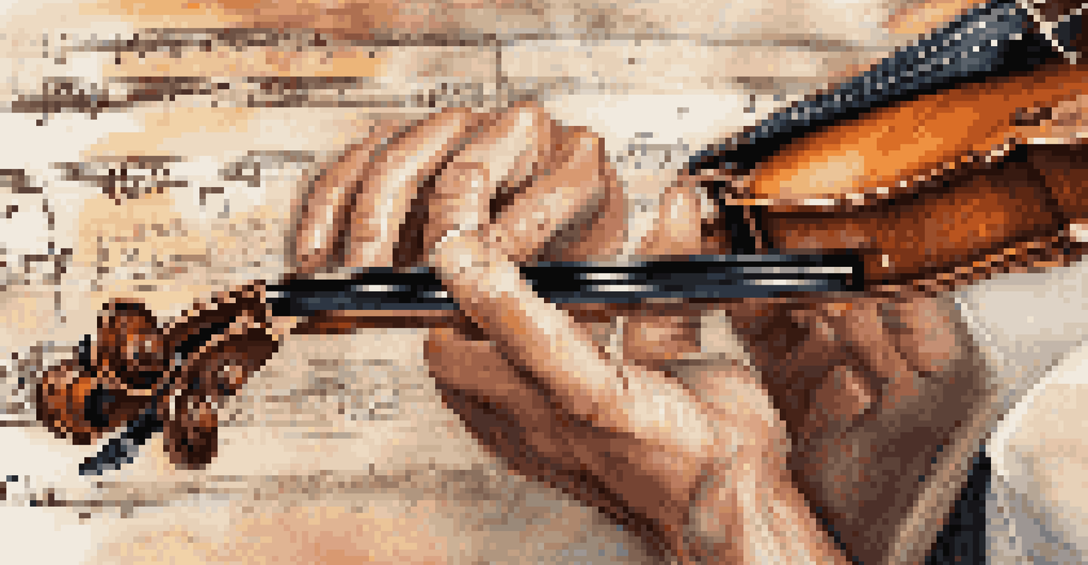 Close-up of a musician's hands playing a violin, highlighting the instrument's texture and the musician's focus.