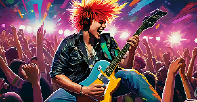 A lively pop-punk concert with a band performing on stage and an excited crowd wearing punk fashion.