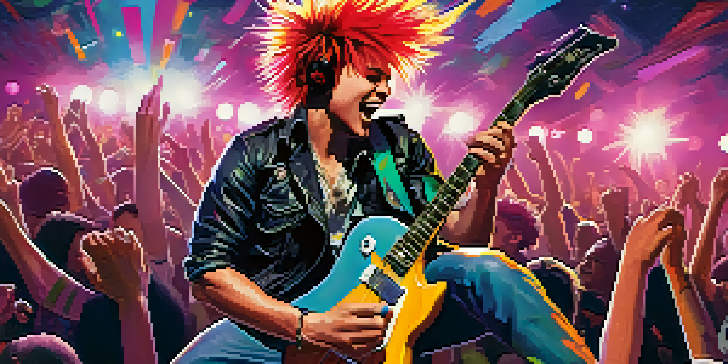 A lively pop-punk concert with a band performing on stage and an excited crowd wearing punk fashion.