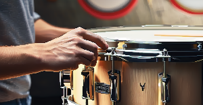 A drummer's hands using various damping materials on a snare drum, with blurred musical notes in the background.