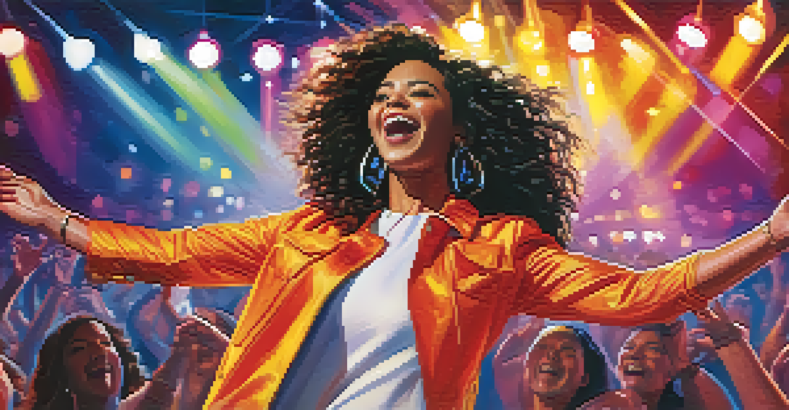 A lively singer with open arms on stage, surrounded by colorful lights and an enthusiastic crowd.