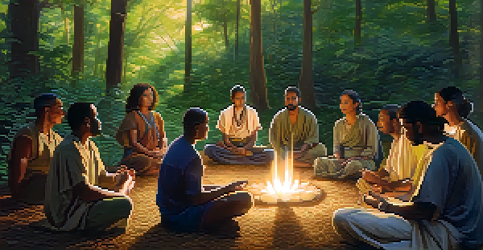 A diverse group of people seated in a circle, chanting in a sunlit forest clearing, surrounded by lush greenery.