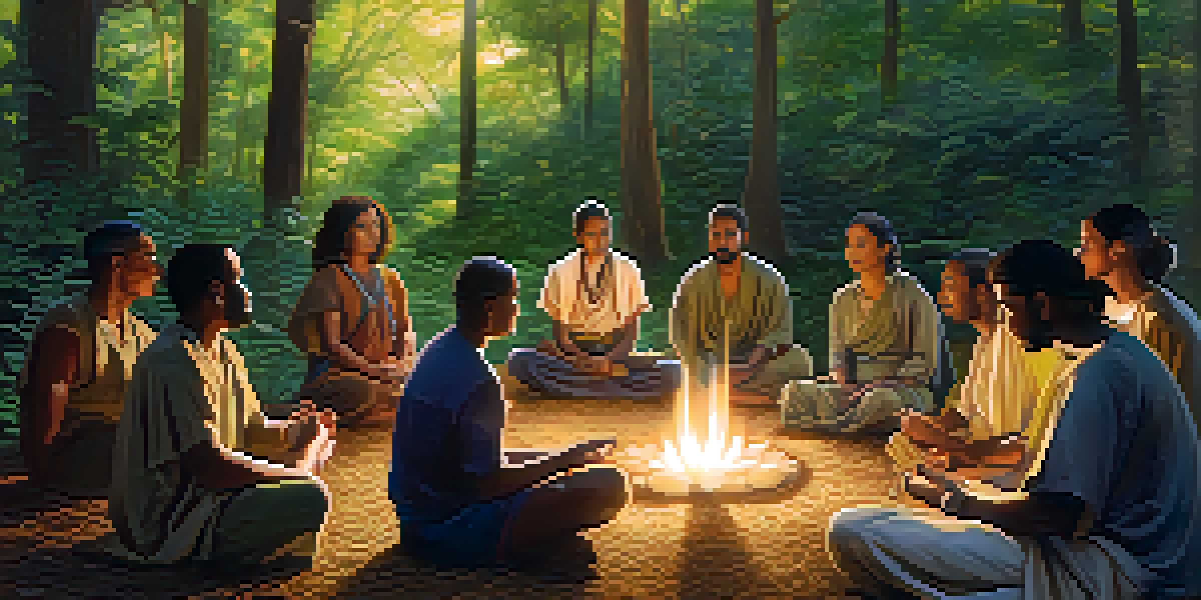 A diverse group of people seated in a circle, chanting in a sunlit forest clearing, surrounded by lush greenery.