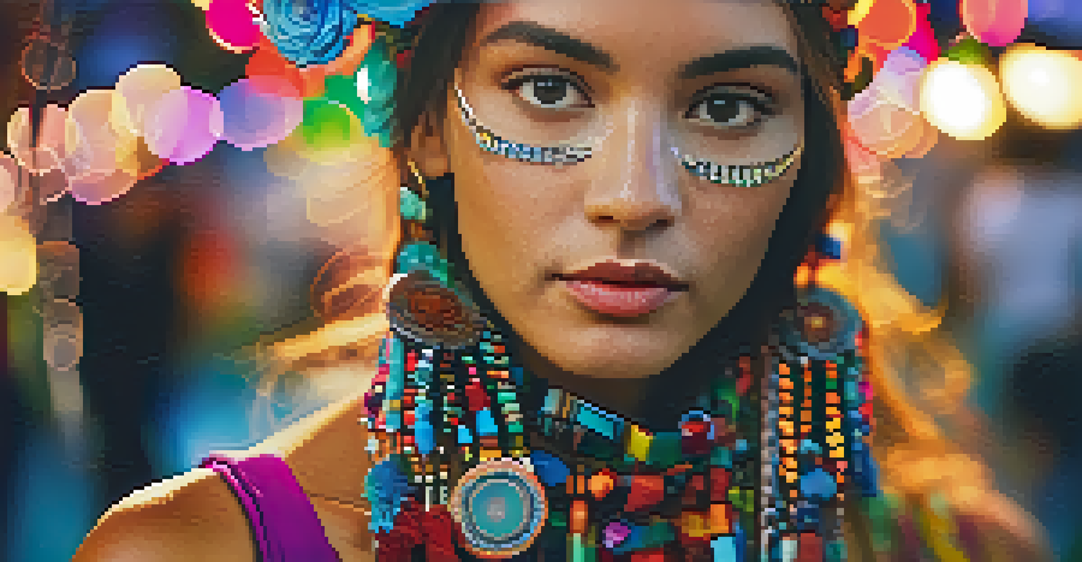 A close-up of a festival-goer's unique DIY fashion outfit with handmade accessories, set against a blurred background of twinkling festival lights.