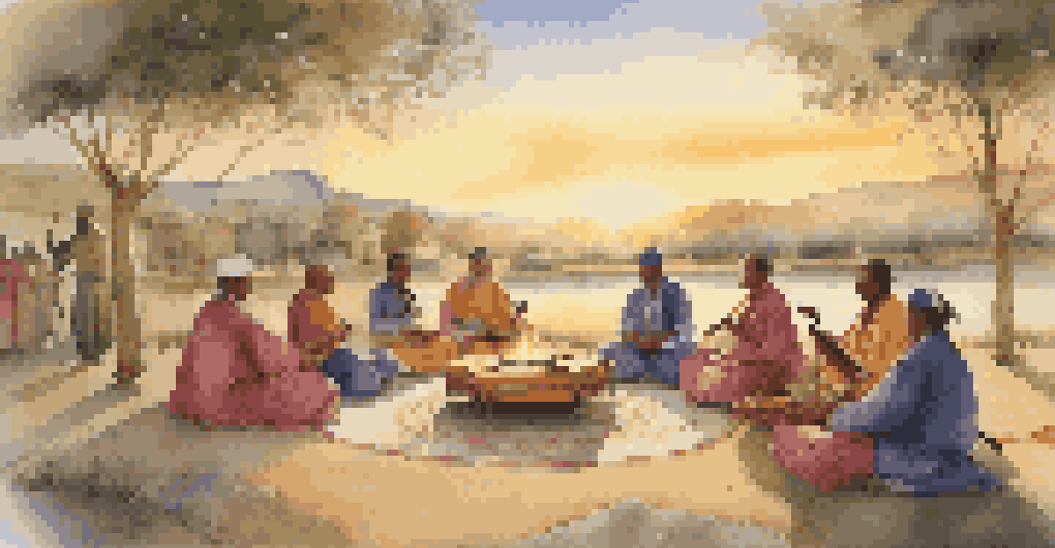 A peaceful cultural ritual with participants in traditional clothing gathered in a circle, with a musician playing a string instrument at sunset.