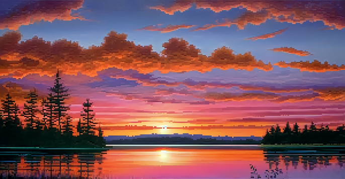 A tranquil sunset over a lake with colorful reflections and silhouetted trees.