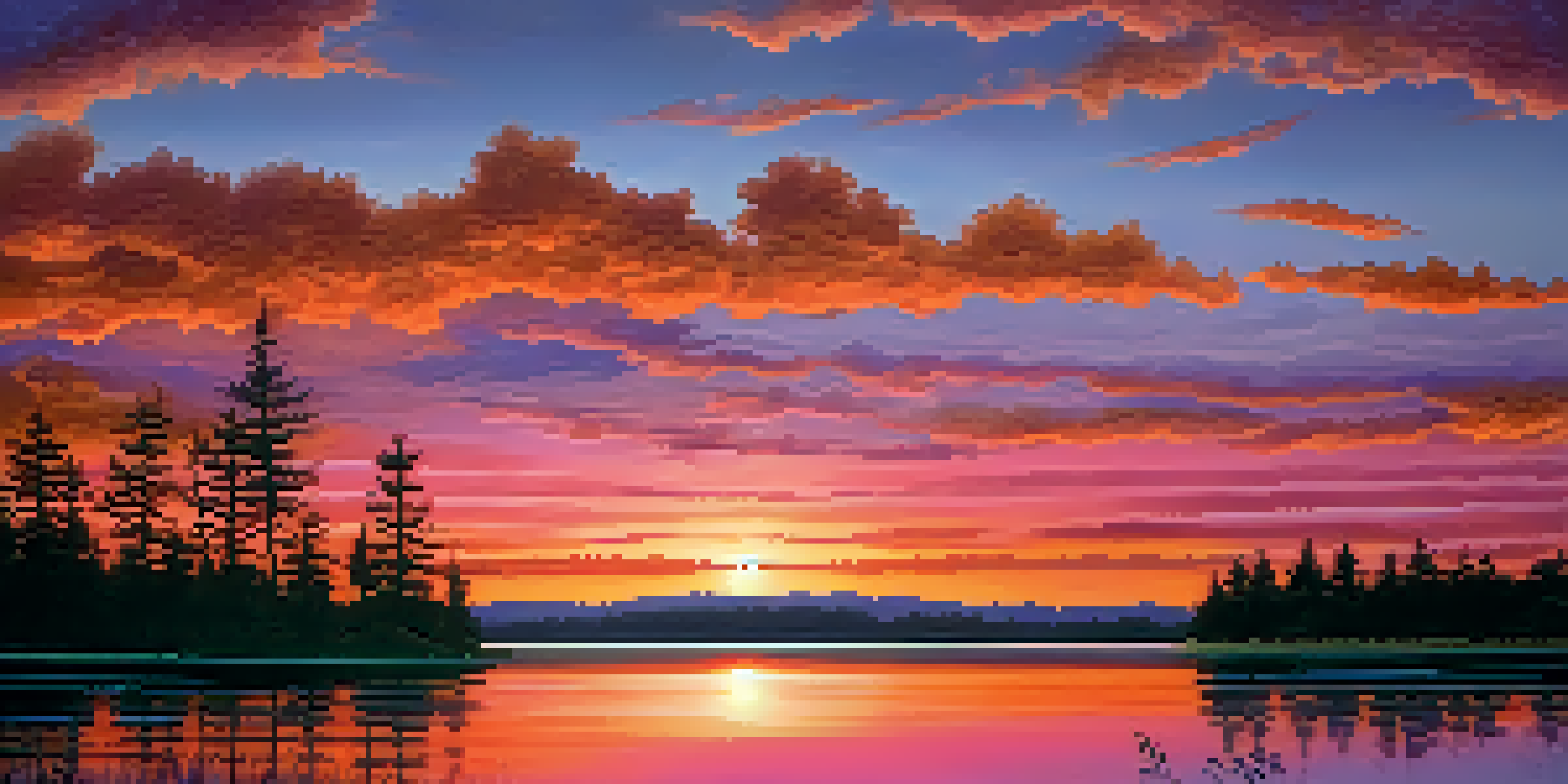 A tranquil sunset over a lake with colorful reflections and silhouetted trees.