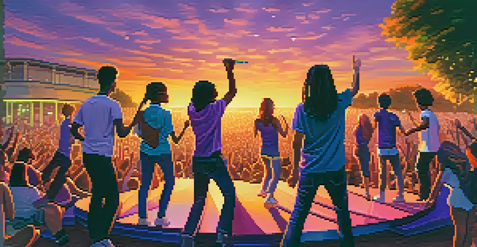 A lively outdoor concert at sunset with teenagers enjoying live music, dancing under colorful lights.