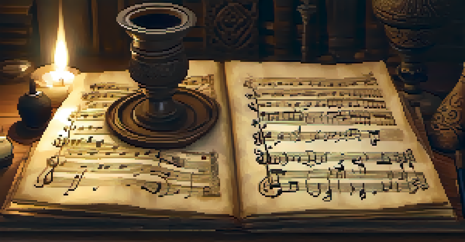 An ancient manuscript with musical notation, displayed on a wooden table with a quill.