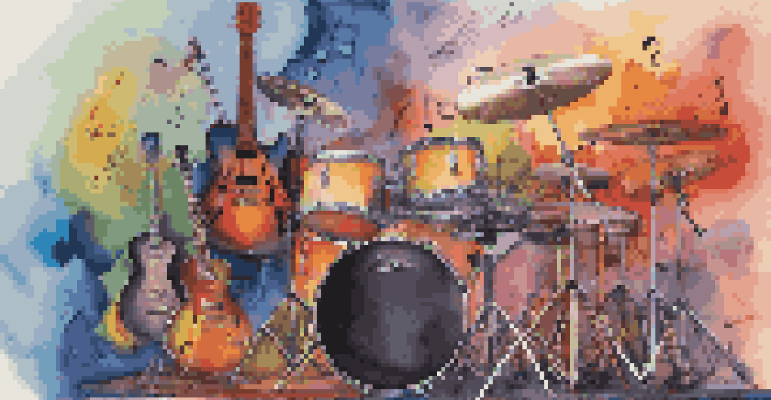 An artistic collage of musical instruments and colorful sound waves, symbolizing the blending of music genres.