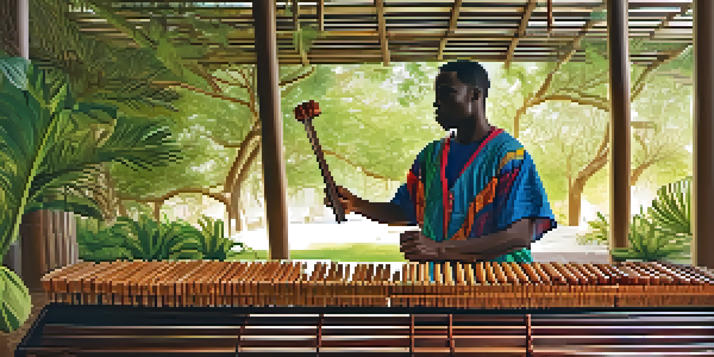 An African marimba player performing outdoors, surrounded by greenery and community members, with sunlight streaming through the leaves.