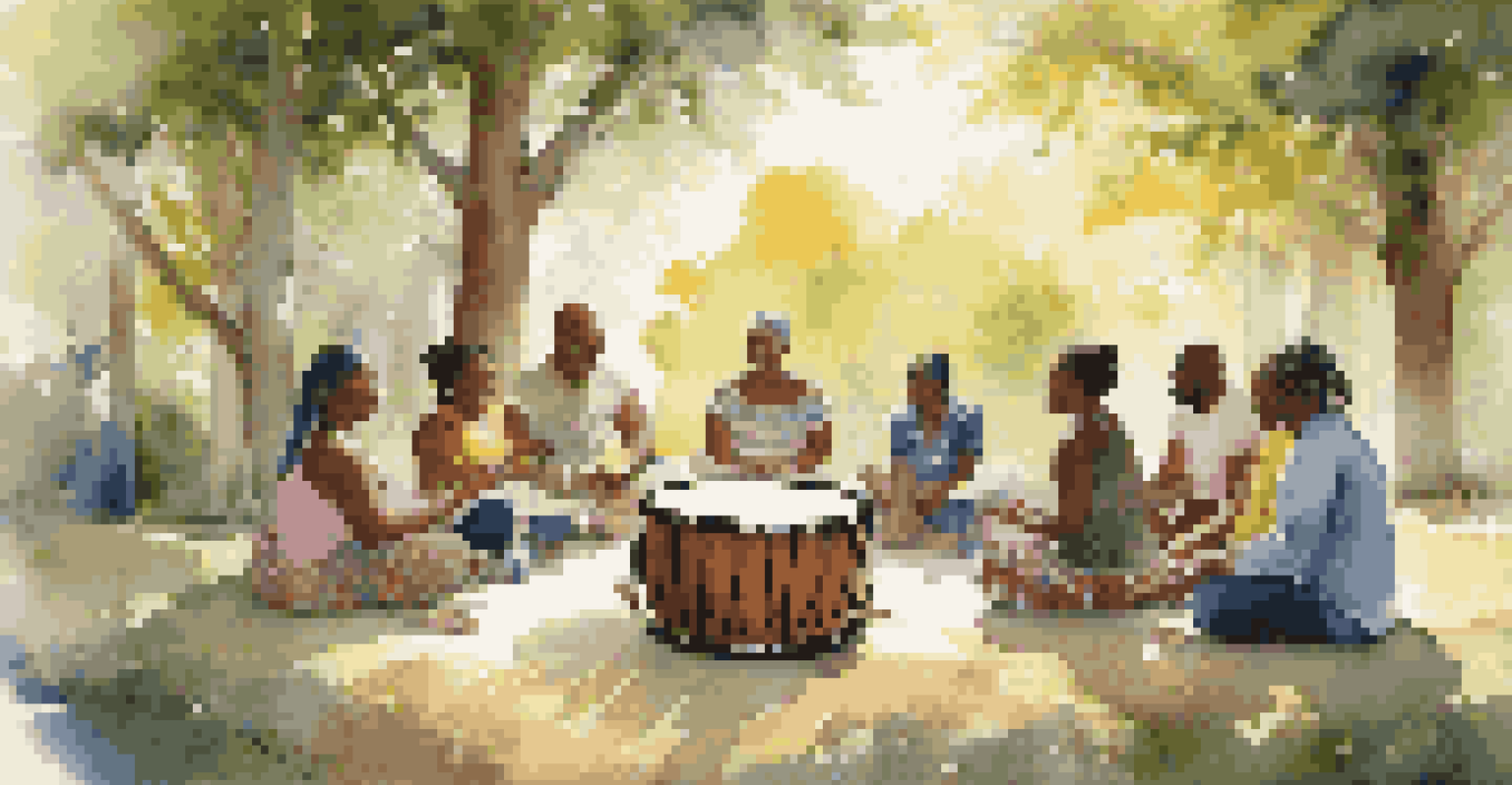 A peaceful community drumming circle in nature with diverse participants playing drums and sunlight filtering through trees.