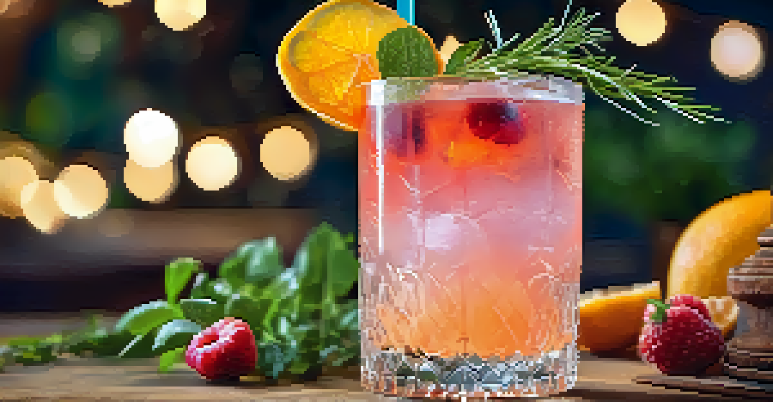 A close-up view of an artisanal cocktail with fresh herbs and fruits, set on a rustic wooden table with blurred festival lights in the background.