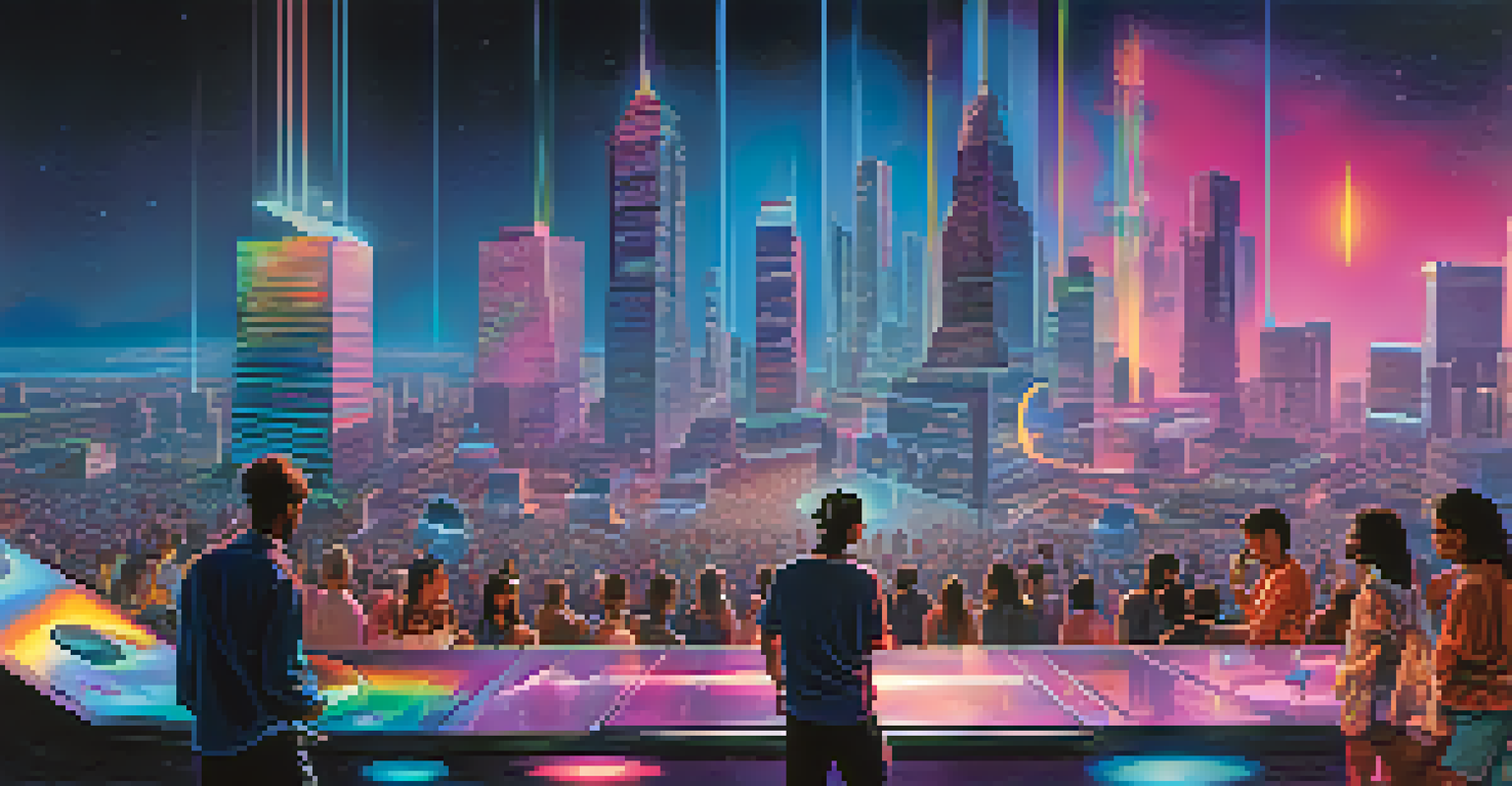 Futuristic landscape with holographic representations of music genres floating in the air, set against a digital city skyline with neon lights.