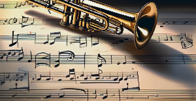 A detailed close-up of sheet music on a wooden table, illuminated by warm light, with a vintage metronome and brass instrument in the background.