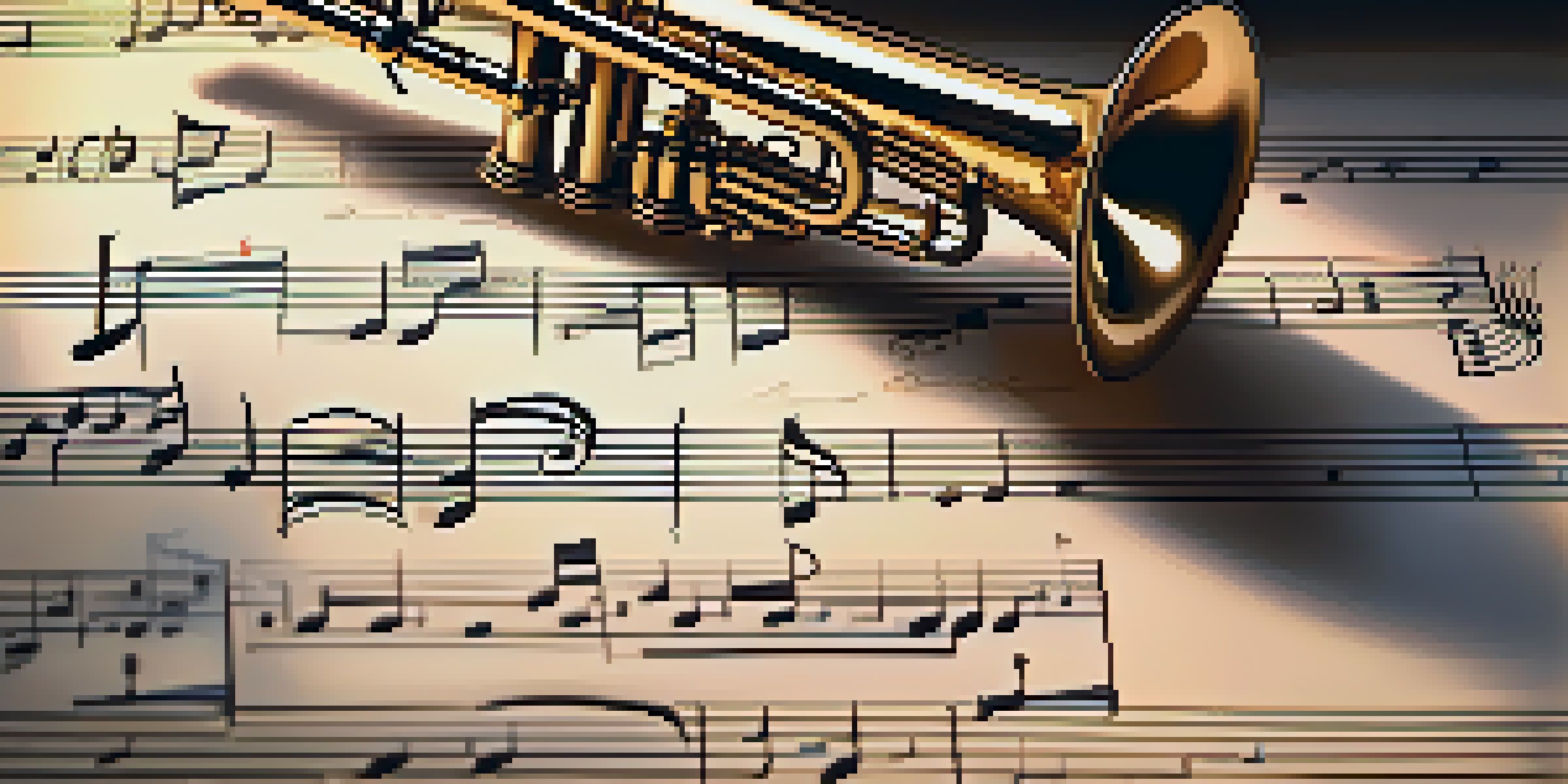A detailed close-up of sheet music on a wooden table, illuminated by warm light, with a vintage metronome and brass instrument in the background.