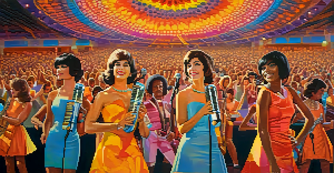 A group of female musicians performing on stage in the 1960s, surrounded by colorful psychedelic patterns and a warm glow of stage lights, with an engaged audience.