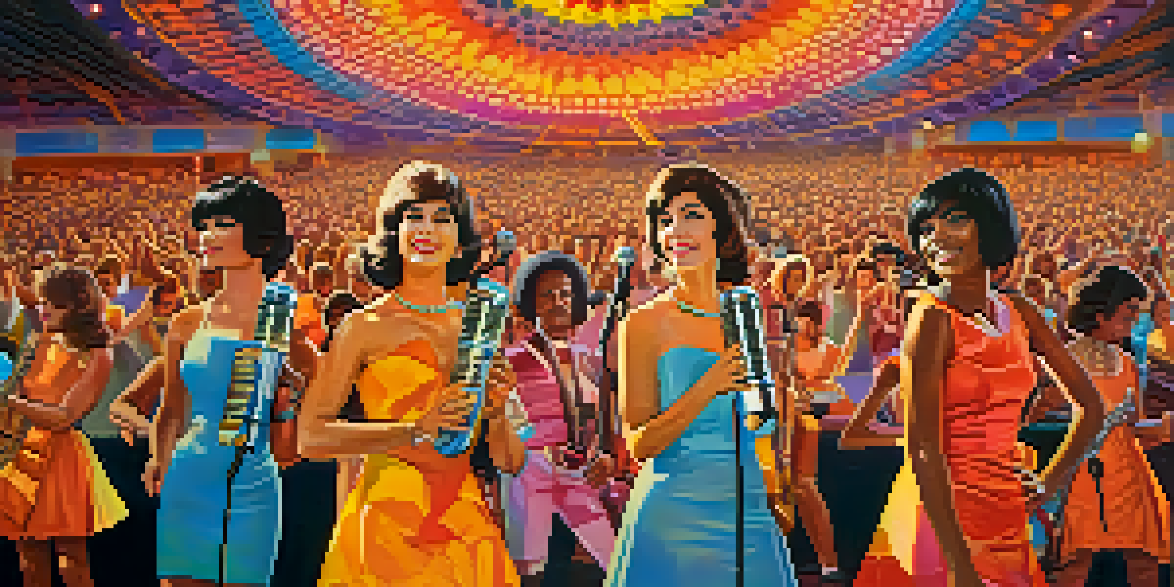 A group of female musicians performing on stage in the 1960s, surrounded by colorful psychedelic patterns and a warm glow of stage lights, with an engaged audience.