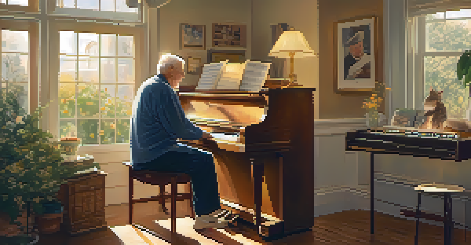 An elderly man happily playing a piano in a cozy room, with sunlight streaming in and a cat beside him.