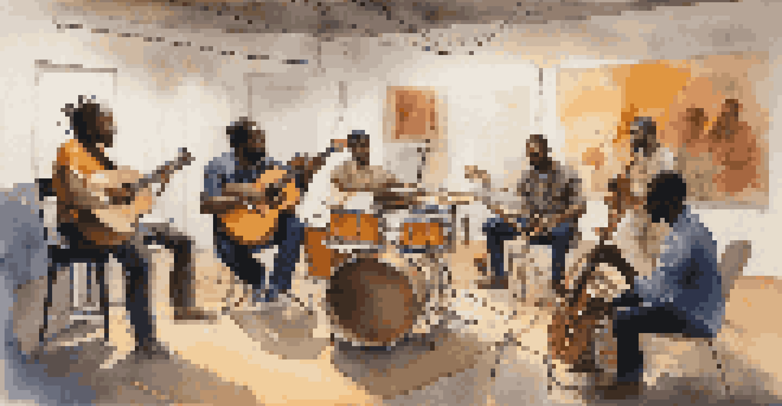 A vibrant music collaboration session in a modern studio, featuring African and Western musicians discussing and playing instruments together amidst recording equipment.